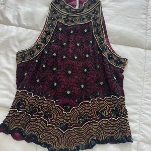 Papell Boutique Burgundy and Gold Embroidered Blouse